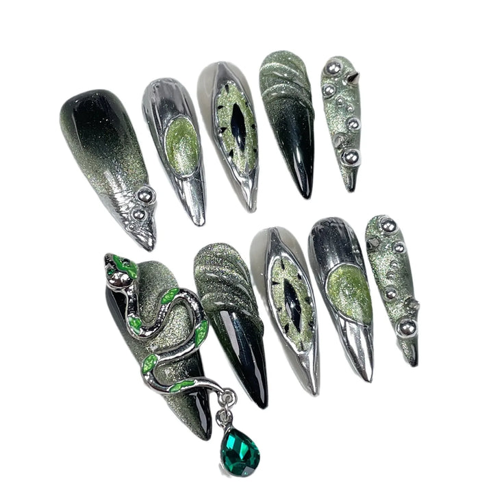 10pcs Halloween Fake Nails Almond Wearable Green Cat's Eye Gothic Y2k Nails Handmade Punk Metal Style False Nails Press On Nails