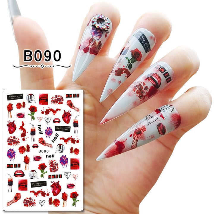 12 Sheets Various Halloween Scary Elements Skull Head Blooding Lip Spider Adhesive Nail Art Stickers Decals Manicure Acessories