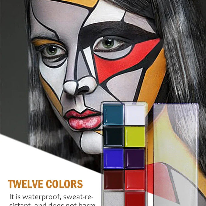 12 Face Painting Kit Body Makeup & 3 Colors Loose Powder Non Toxic Water Paint Oil with Brush Painting Halloween Cosplay Party