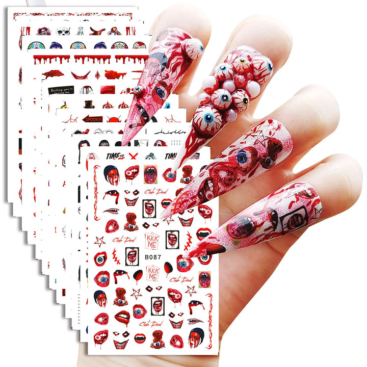 12 Sheets Various Halloween Scary Elements Skull Head Blooding Lip Spider Adhesive Nail Art Stickers Decals Manicure Acessories