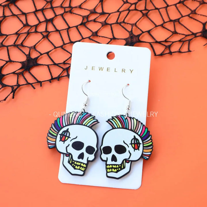 1Pair Acrylic Ghost Skull Pumpkin Earring Witch Hat Ear Pendant for Women Cartoon Ear Ring Halloween Festival Holiday Party Gift
