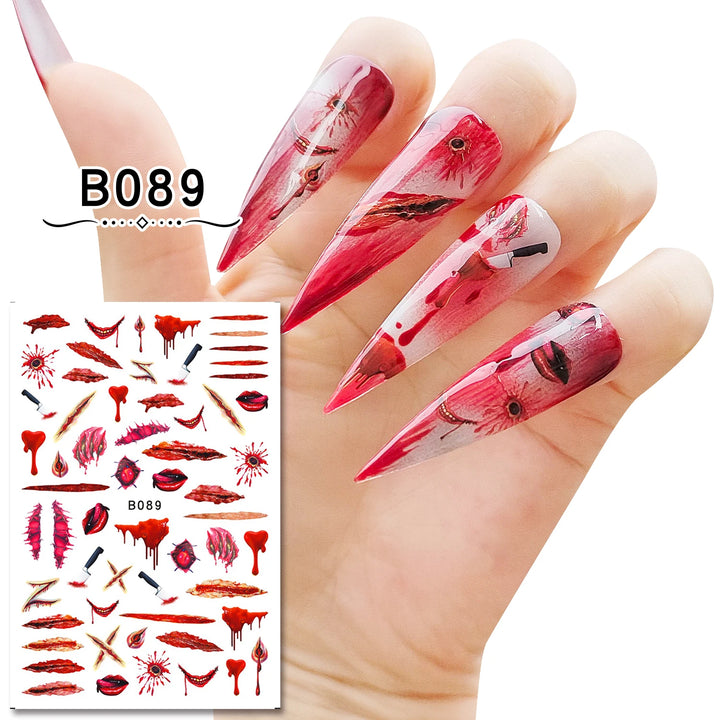 12 Sheets Various Halloween Scary Elements Skull Head Blooding Lip Spider Adhesive Nail Art Stickers Decals Manicure Acessories