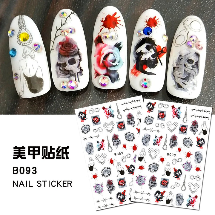 12 Sheets Various Halloween Scary Elements Skull Head Blooding Lip Spider Adhesive Nail Art Stickers Decals Manicure Acessories