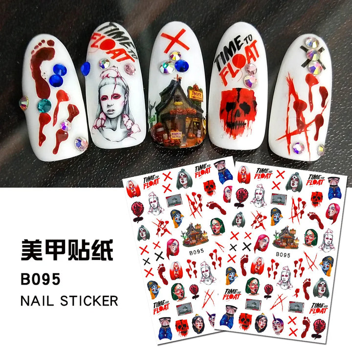 12 Sheets Various Halloween Scary Elements Skull Head Blooding Lip Spider Adhesive Nail Art Stickers Decals Manicure Acessories