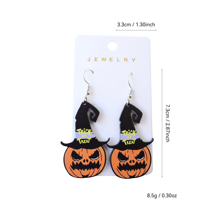 1Pair Acrylic Ghost Skull Pumpkin Earring Witch Hat Ear Pendant for Women Cartoon Ear Ring Halloween Festival Holiday Party Gift