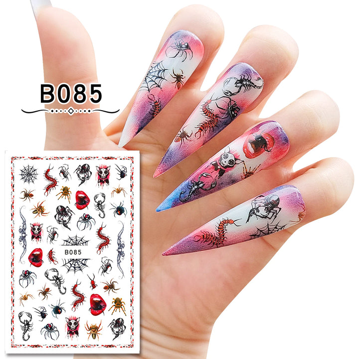 12 Sheets Various Halloween Scary Elements Skull Head Blooding Lip Spider Adhesive Nail Art Stickers Decals Manicure Acessories