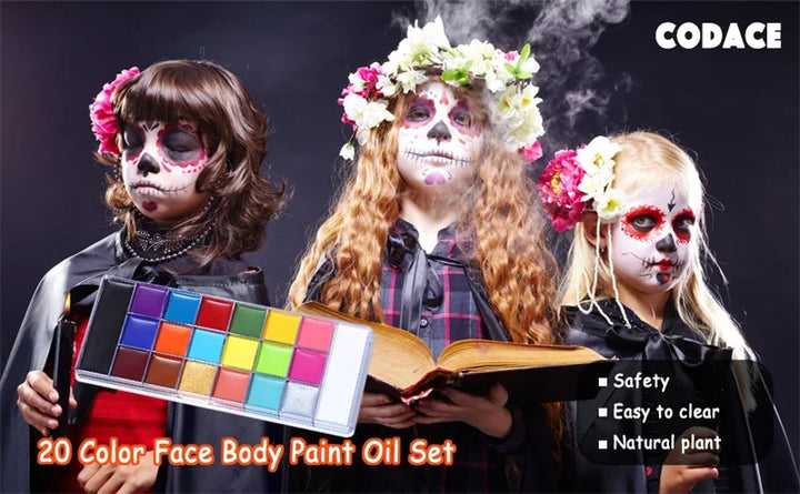 12 Face Painting Kit Body Makeup & 3 Colors Loose Powder Non Toxic Water Paint Oil with Brush Painting Halloween Cosplay Party