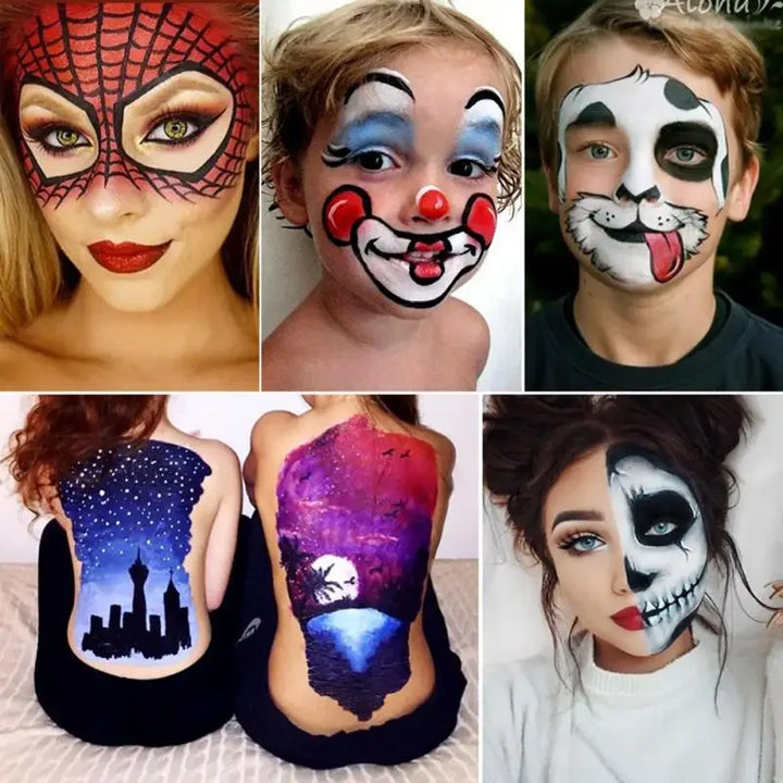 12 Face Painting Kit Body Makeup & 3 Colors Loose Powder Non Toxic Water Paint Oil with Brush Painting Halloween Cosplay Party