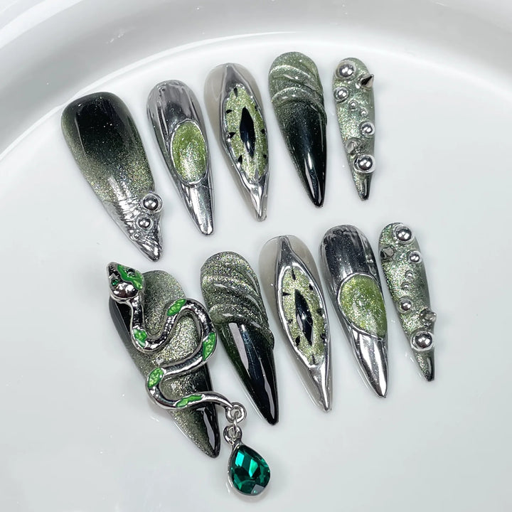 10pcs Halloween Fake Nails Almond Wearable Green Cat's Eye Gothic Y2k Nails Handmade Punk Metal Style False Nails Press On Nails