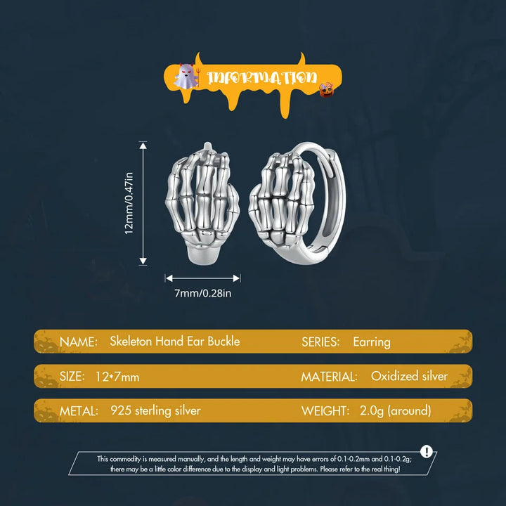 WOSTU 925 Sterling Silver Skeleton Hand Opening Ring Ear Buckle Oxidized Silver Jewelry For Women Girls Halloween Punk Jewelry