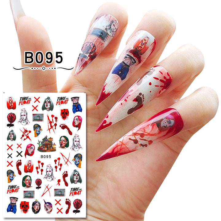 12 Sheets Various Halloween Scary Elements Skull Head Blooding Lip Spider Adhesive Nail Art Stickers Decals Manicure Acessories