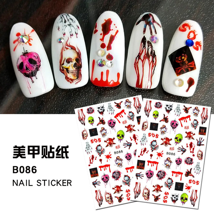 12 Sheets Various Halloween Scary Elements Skull Head Blooding Lip Spider Adhesive Nail Art Stickers Decals Manicure Acessories