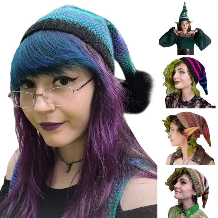 Women Winter Beanie Cute Witch Hat Knitted Hats for Girls Long Tail Decorations Halloween Knit Hat for Teens Adults