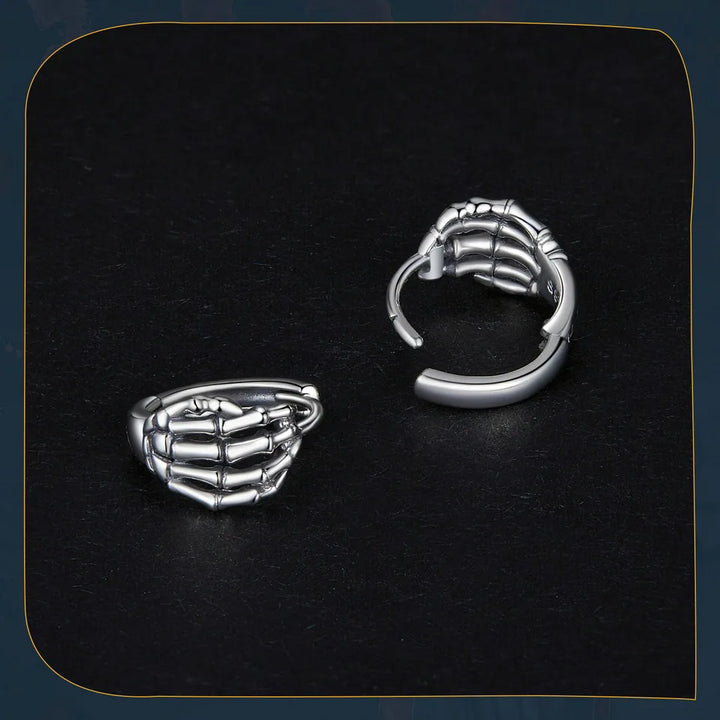 WOSTU 925 Sterling Silver Skeleton Hand Opening Ring Ear Buckle Oxidized Silver Jewelry For Women Girls Halloween Punk Jewelry