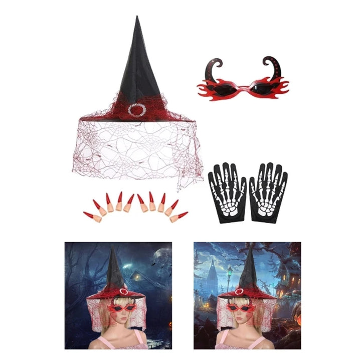 Witch Costume Set Flame Glasses False Nails Pointed Witch Hats with Veil Skeleton Gloves Halloween Dress Up Accessories