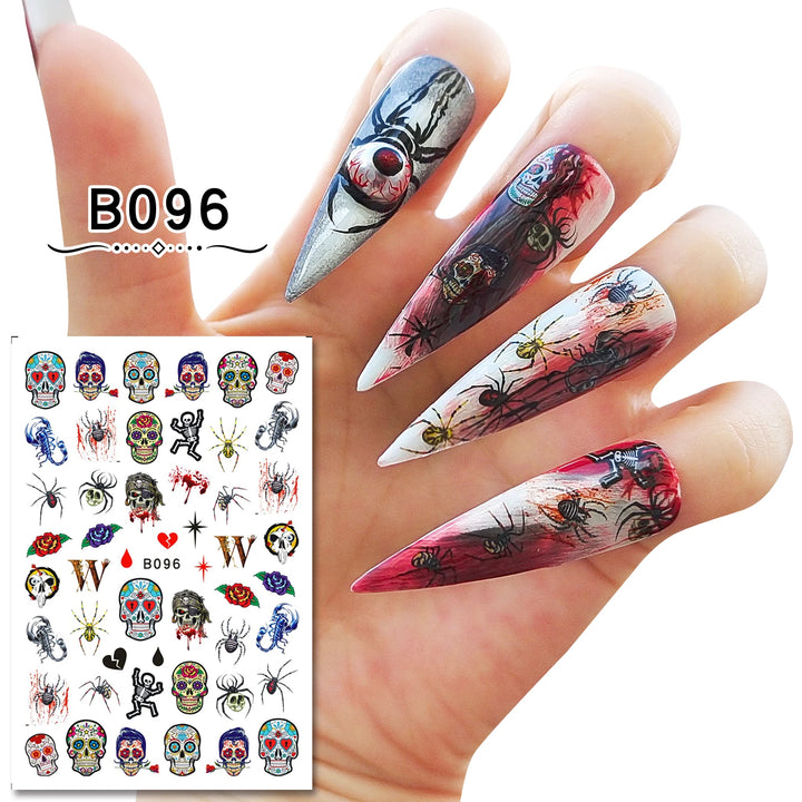 12 Sheets Various Halloween Scary Elements Skull Head Blooding Lip Spider Adhesive Nail Art Stickers Decals Manicure Acessories