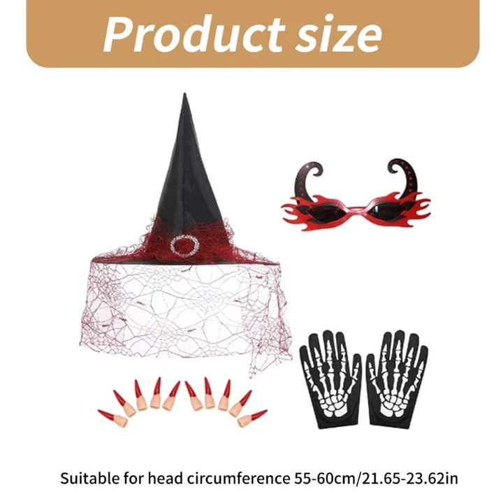 Witch Costume Set Flame Glasses False Nails Pointed Witch Hats with Veil Skeleton Gloves Halloween Dress Up Accessories