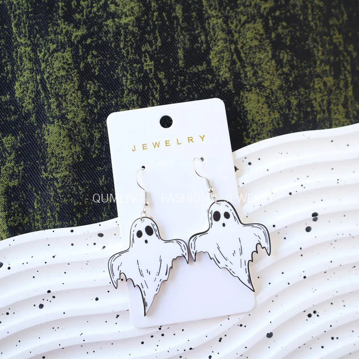 1Pair Acrylic Ghost Skull Pumpkin Earring Witch Hat Ear Pendant for Women Cartoon Ear Ring Halloween Festival Holiday Party Gift