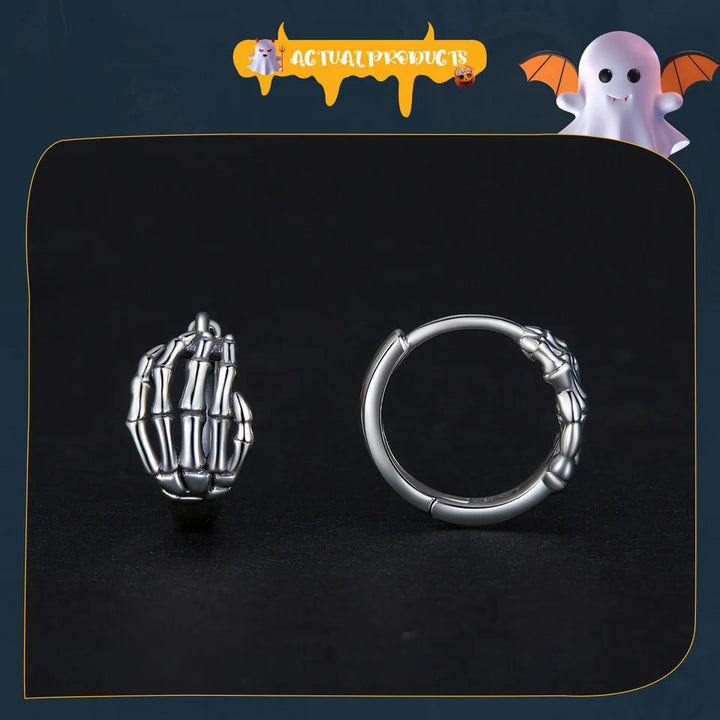 WOSTU 925 Sterling Silver Skeleton Hand Opening Ring Ear Buckle Oxidized Silver Jewelry For Women Girls Halloween Punk Jewelry