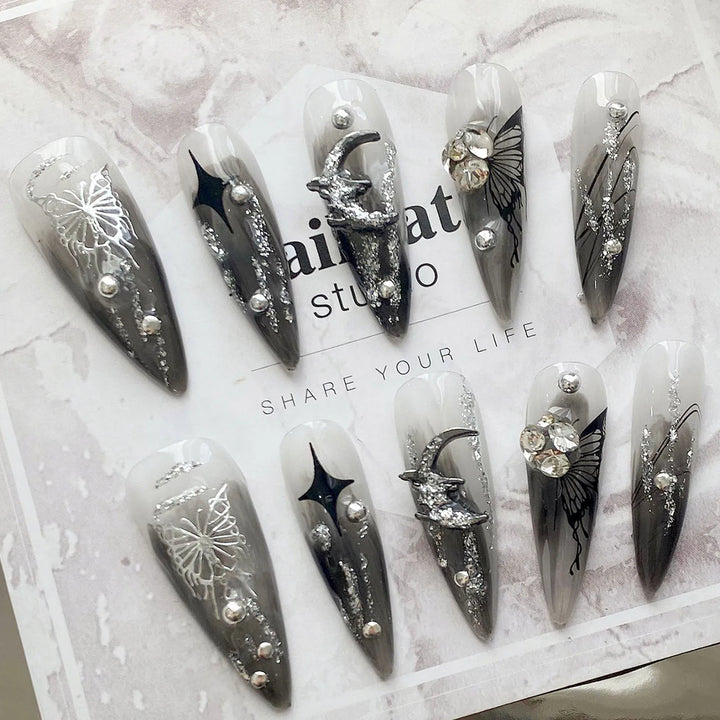 10pcs Gothic Y2k Press On Nails Long Stiletto Metal Butterfly Fake Nails Handmade Ins Punk Style False Nails Silver Flash Design