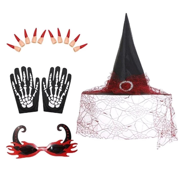 Witch Costume Set Flame Glasses False Nails Pointed Witch Hats with Veil Skeleton Gloves Halloween Dress Up Accessories