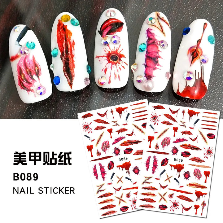12 Sheets Various Halloween Scary Elements Skull Head Blooding Lip Spider Adhesive Nail Art Stickers Decals Manicure Acessories