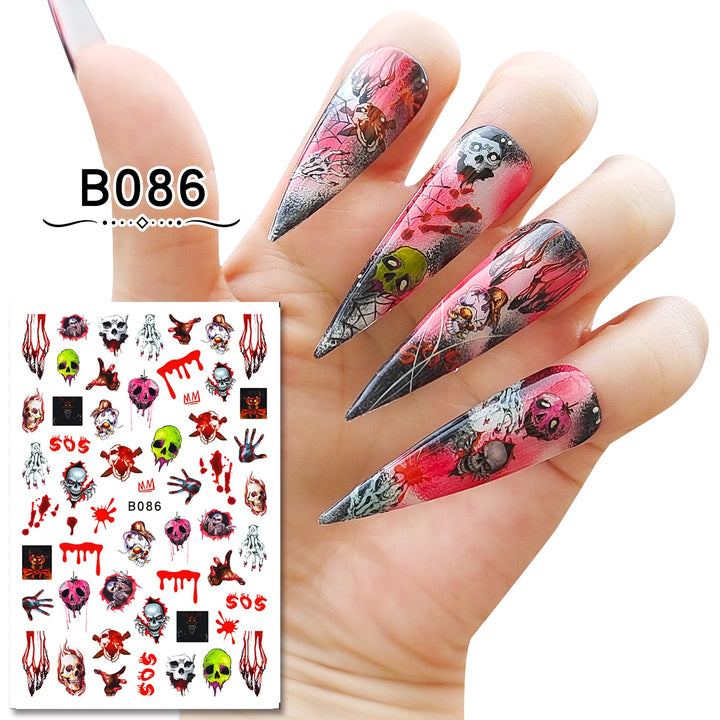 12 Sheets Various Halloween Scary Elements Skull Head Blooding Lip Spider Adhesive Nail Art Stickers Decals Manicure Acessories