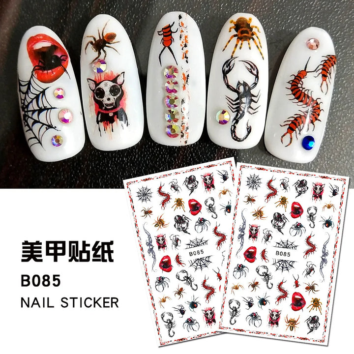 12 Sheets Various Halloween Scary Elements Skull Head Blooding Lip Spider Adhesive Nail Art Stickers Decals Manicure Acessories
