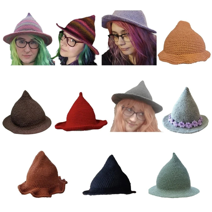 Y1UB Crochet Witch Hat Women Men Halloween Props Wizard Hat Role Play Party Headgear