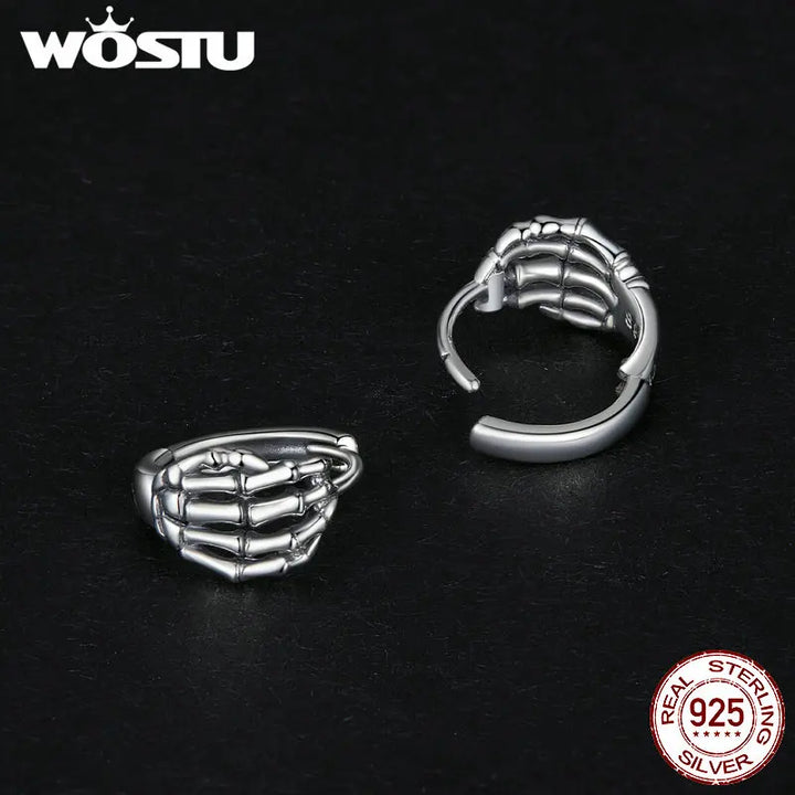 WOSTU 925 Sterling Silver Skeleton Hand Opening Ring Ear Buckle Oxidized Silver Jewelry For Women Girls Halloween Punk Jewelry