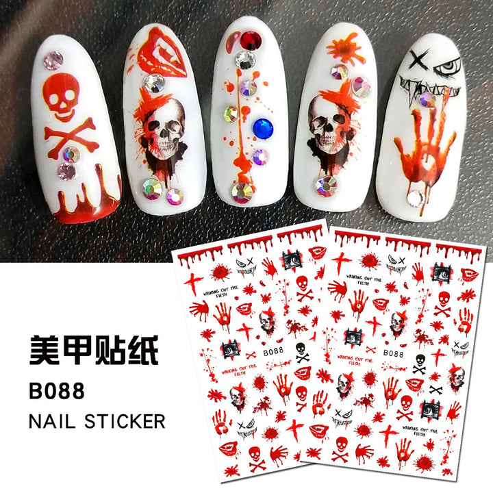 12 Sheets Various Halloween Scary Elements Skull Head Blooding Lip Spider Adhesive Nail Art Stickers Decals Manicure Acessories