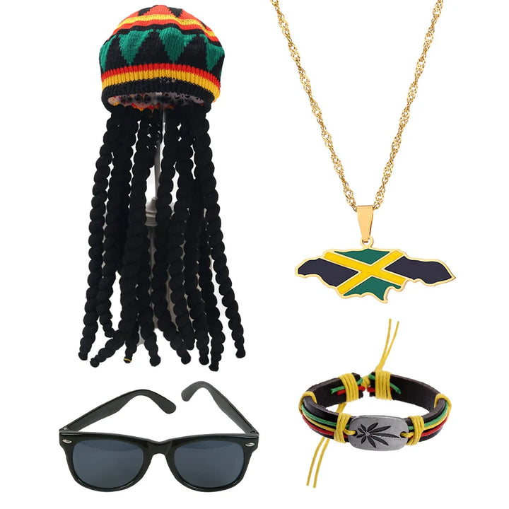 Tigerdoe Rasta Hat With Long Black Lock–Set Of 3–Reggae Hat Vest And Sunglasses–Jamaican Clothing Accessories