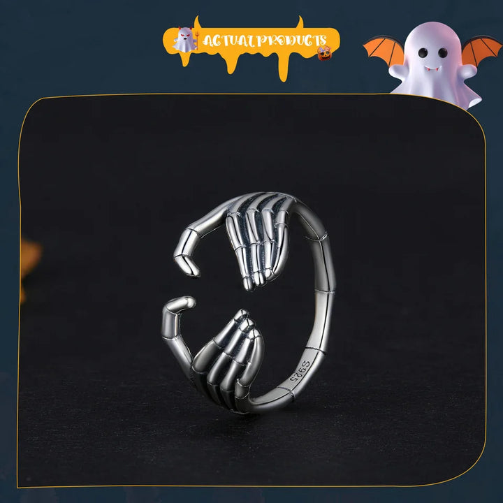 WOSTU 925 Sterling Silver Skeleton Hand Opening Ring Ear Buckle Oxidized Silver Jewelry For Women Girls Halloween Punk Jewelry