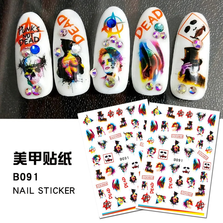 12 Sheets Various Halloween Scary Elements Skull Head Blooding Lip Spider Adhesive Nail Art Stickers Decals Manicure Acessories