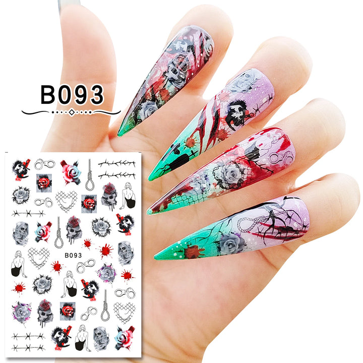 12 Sheets Various Halloween Scary Elements Skull Head Blooding Lip Spider Adhesive Nail Art Stickers Decals Manicure Acessories