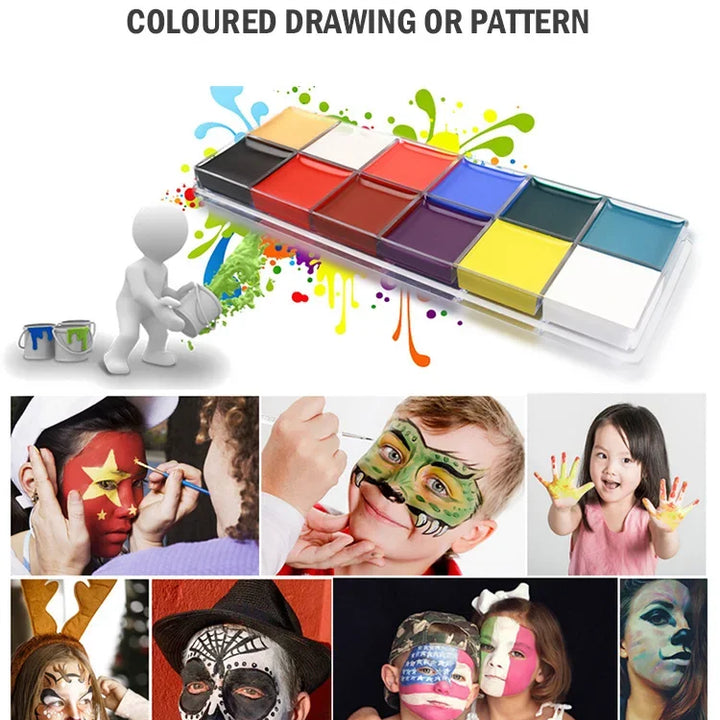 12 Face Painting Kit Body Makeup & 3 Colors Loose Powder Non Toxic Water Paint Oil with Brush Painting Halloween Cosplay Party