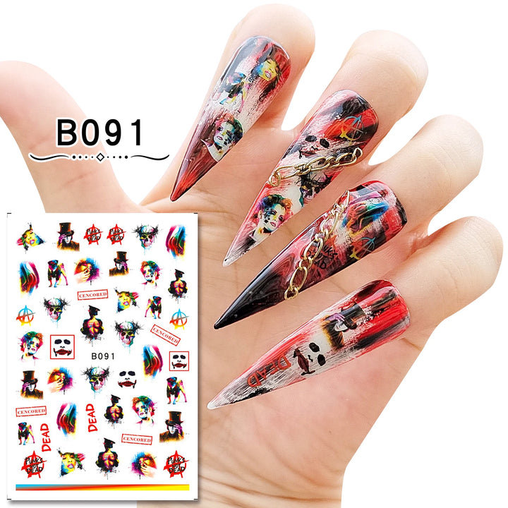 12 Sheets Various Halloween Scary Elements Skull Head Blooding Lip Spider Adhesive Nail Art Stickers Decals Manicure Acessories