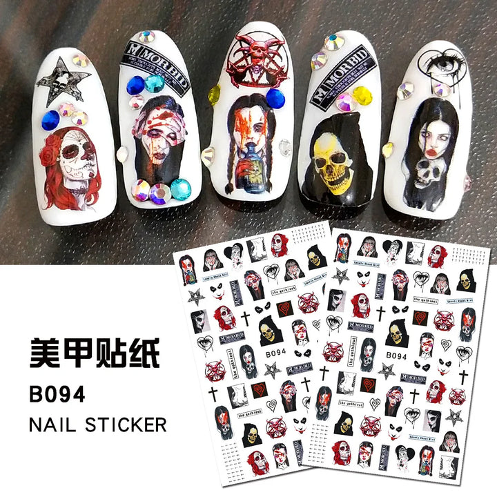 12 Sheets Various Halloween Scary Elements Skull Head Blooding Lip Spider Adhesive Nail Art Stickers Decals Manicure Acessories
