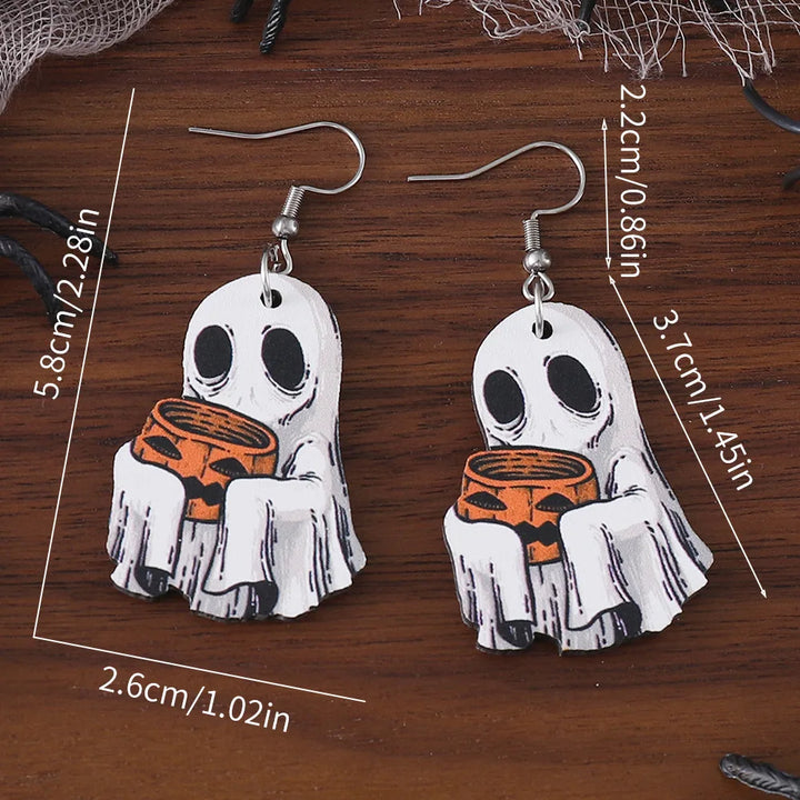 Wooden Double Sided Ghosts Spirits Drop Earrings for Women Pumpkin Candy Ear Pendants Ear Rings Halloween Party Gifts 1 Pair