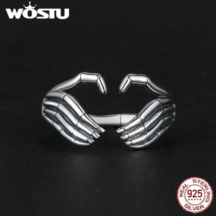 WOSTU 925 Sterling Silver Skeleton Hand Opening Ring Ear Buckle Oxidized Silver Jewelry For Women Girls Halloween Punk Jewelry