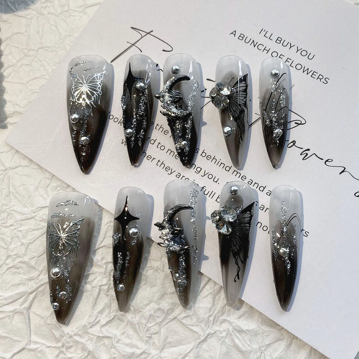 10pcs Gothic Y2k Press On Nails Long Stiletto Metal Butterfly Fake Nails Handmade Ins Punk Style False Nails Silver Flash Design