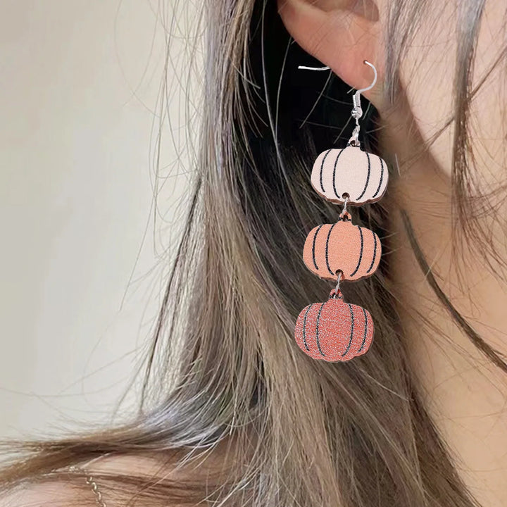 1Pair Halloween Earrings Personalized Tricolor Pumpkin Earrings Double Sided Wood Ear Rings Halloween Earrings
