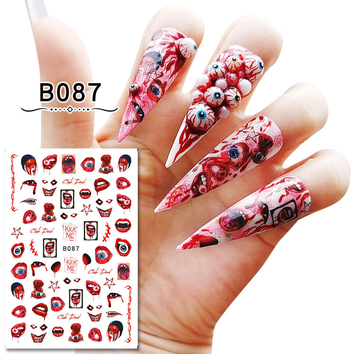 12 Sheets Various Halloween Scary Elements Skull Head Blooding Lip Spider Adhesive Nail Art Stickers Decals Manicure Acessories