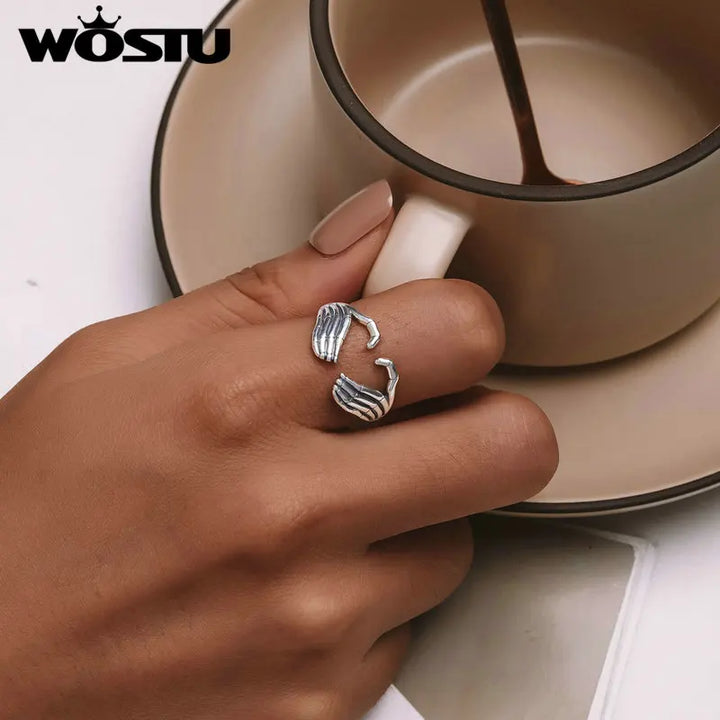 WOSTU 925 Sterling Silver Skeleton Hand Opening Ring Ear Buckle Oxidized Silver Jewelry For Women Girls Halloween Punk Jewelry