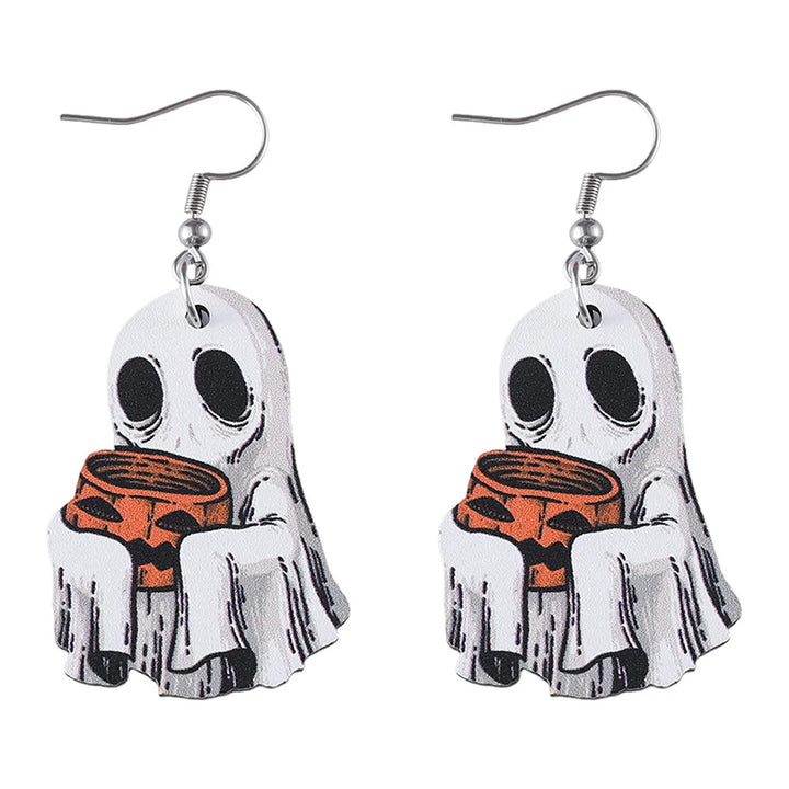 Wooden Double Sided Ghosts Spirits Drop Earrings for Women Pumpkin Candy Ear Pendants Ear Rings Halloween Party Gifts 1 Pair
