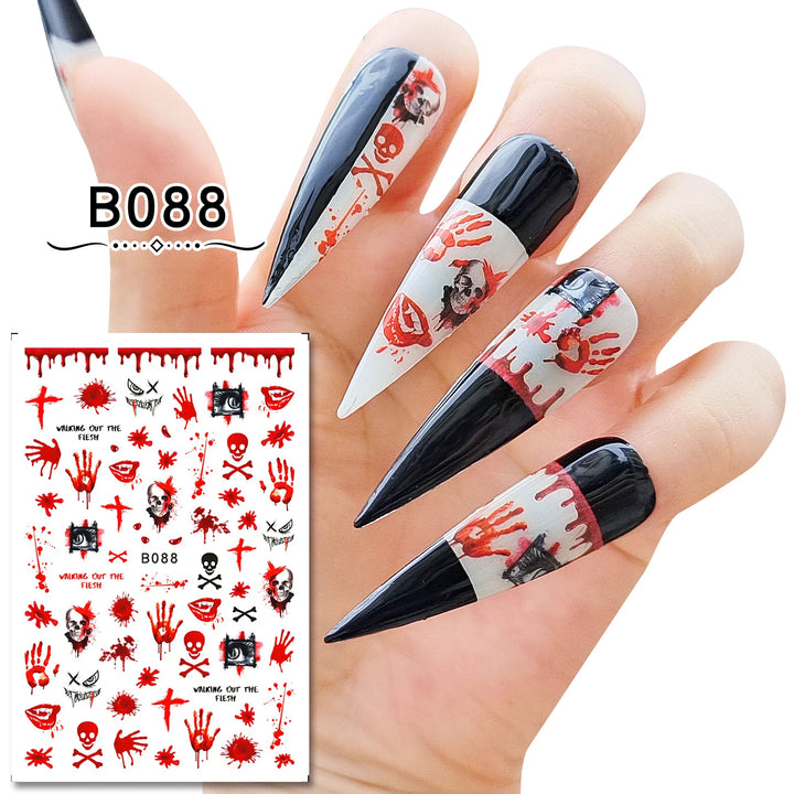 12 Sheets Various Halloween Scary Elements Skull Head Blooding Lip Spider Adhesive Nail Art Stickers Decals Manicure Acessories