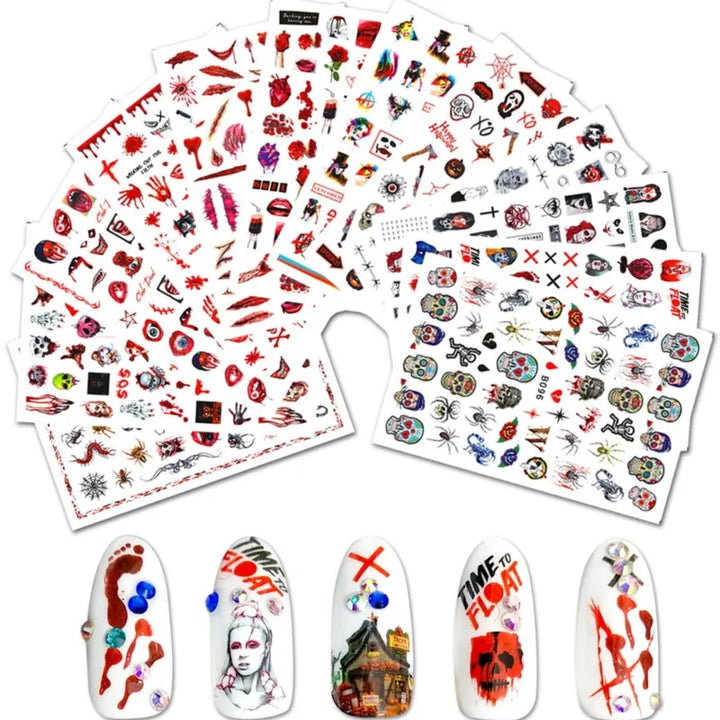 12 Sheets Various Halloween Scary Elements Skull Head Blooding Lip Spider Adhesive Nail Art Stickers Decals Manicure Acessories
