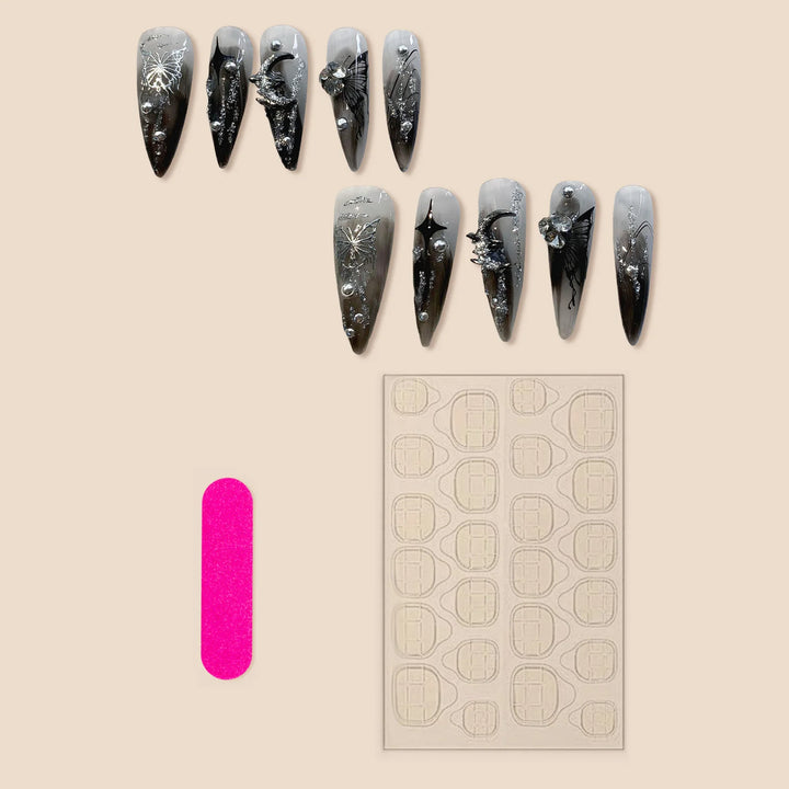 10pcs Gothic Y2k Press On Nails Long Stiletto Metal Butterfly Fake Nails Handmade Ins Punk Style False Nails Silver Flash Design