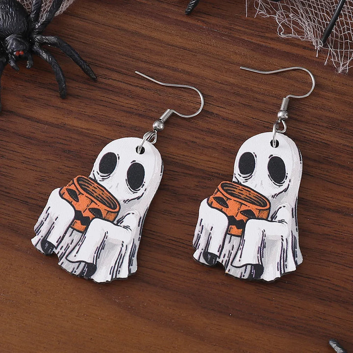Wooden Double Sided Ghosts Spirits Drop Earrings for Women Pumpkin Candy Ear Pendants Ear Rings Halloween Party Gifts 1 Pair