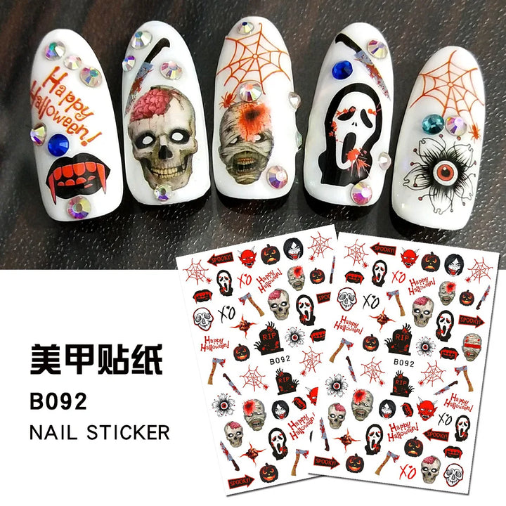 12 Sheets Various Halloween Scary Elements Skull Head Blooding Lip Spider Adhesive Nail Art Stickers Decals Manicure Acessories